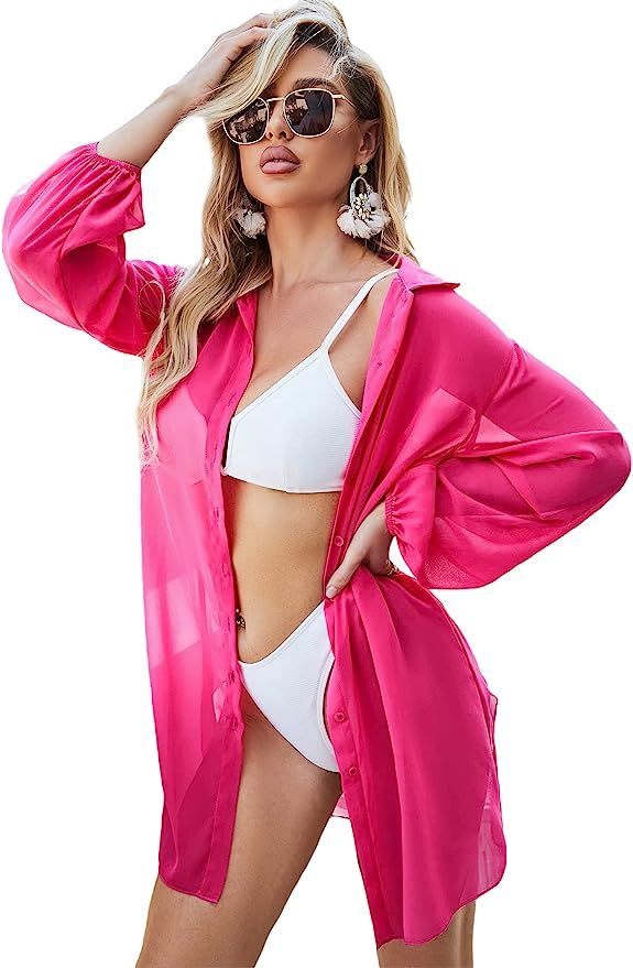 Verdusa Women's Button Front Cover Up Puff Sleeve Blouse Sheer Swimsuit Kimono Shirts | Amazon (US)