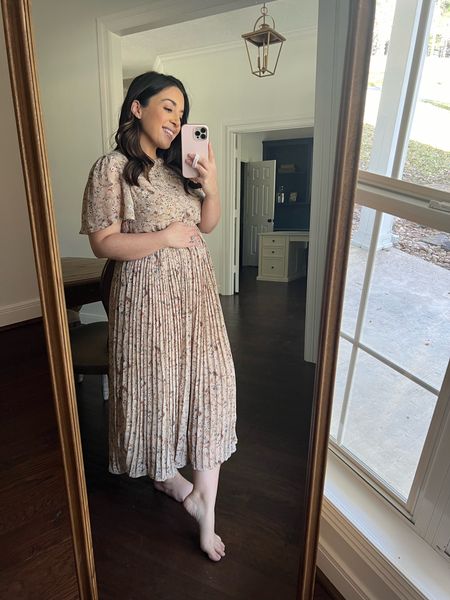 Maternity Dress cream with soft floral print. Comes in 4 colors and perfect for spring, baby shower, or any event you want a beautiful dress!

#LTKfindsunder100 #LTKstyletip #LTKbump