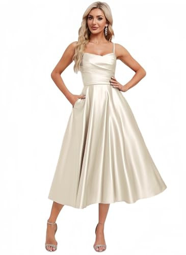 JIURSDA Satin Bridesmaid Dresses Midi Ivory for Women Wedding with Pockets Spaghetti Straps V Neck Pleated Elegant Tea Length Cocktail Dress Classy 16 | Amazon (US)