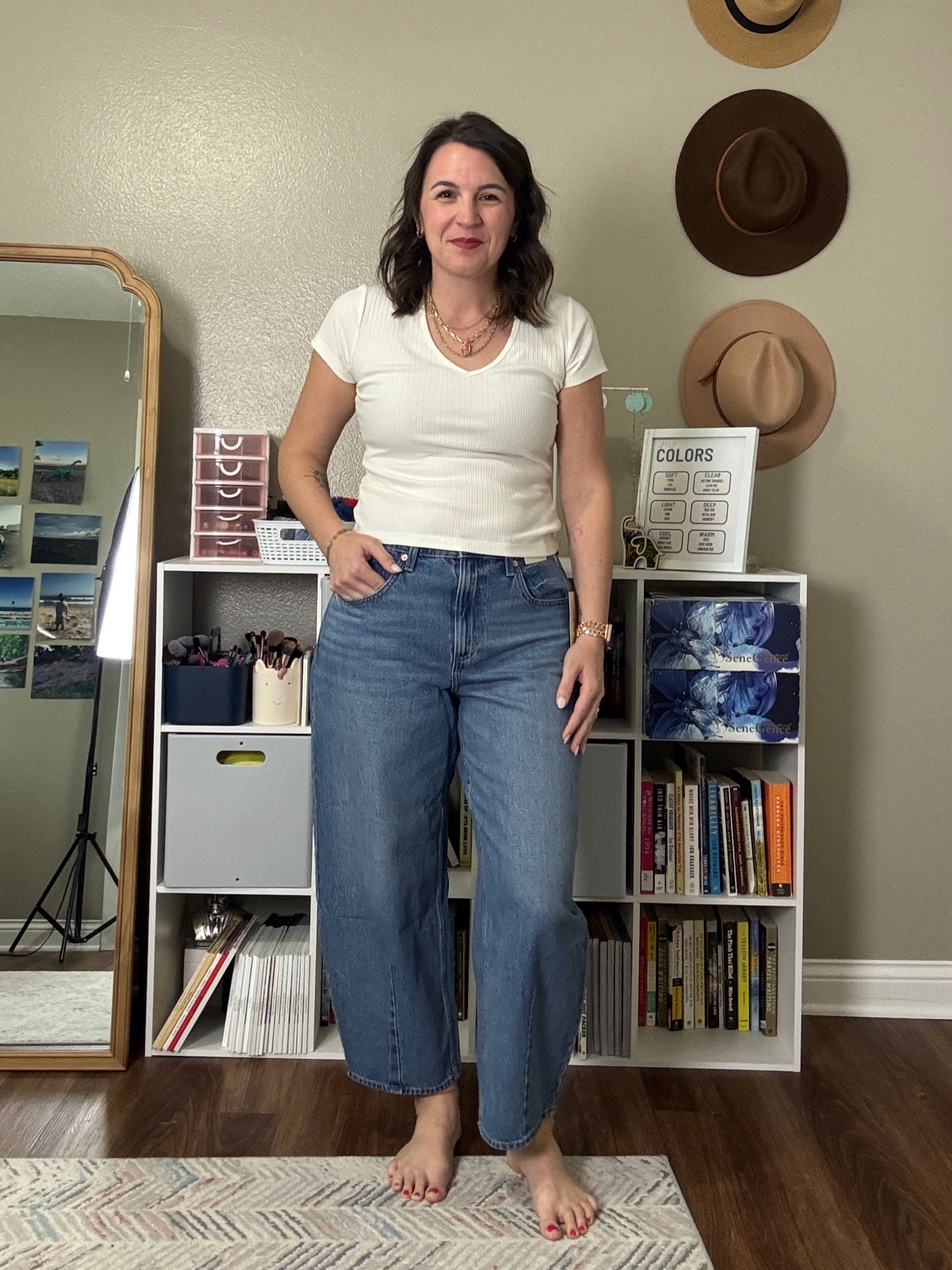 A basic cream tee really can’t be beat. I’m in a medium in the tee and 10 in the jeans  