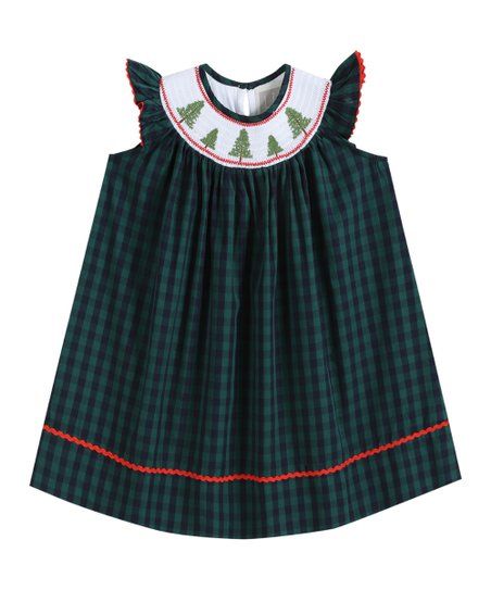 Blue & Green Gingham Christmas Tree Smocked Bishop Dress - Infant, Toddler & Girls | Zulily