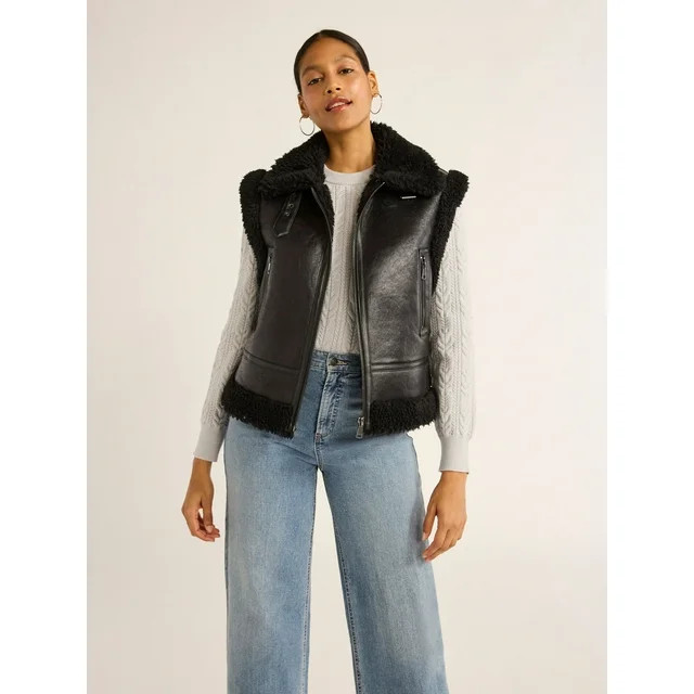 Scoop Women's Faux Suede Zip Vest with Faux Shearling Lining, Heavyweight, Sizes XS-XXL | Walmart (US)