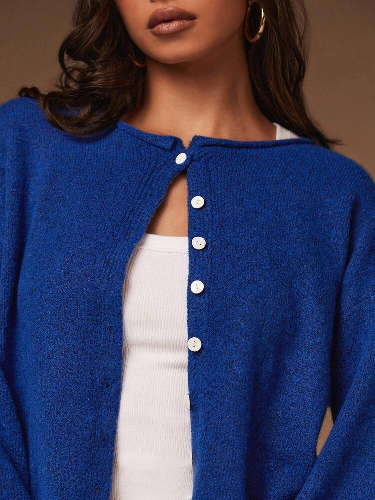 Athîral Women's Sapphire Blue Knit Cardigan, Soft Yarn Relaxed Straight Fit Classic Round Neck Drop Shoulder Long Sleeve Minimalist Chic Cardigan For Layering In Spring And Autumn,Bright Blue Knit Button Cardigan,Winter,New Year, Autumn/Winter, Blue Cardigan | SHEIN