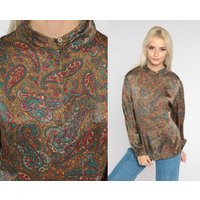Paisley Silk Blouse 80S Button Up Top Retro Bohemian High Neck Long Sleeve Shirt Romantic Hippie Professional Party Vintage 1980S Large L | Etsy (US)