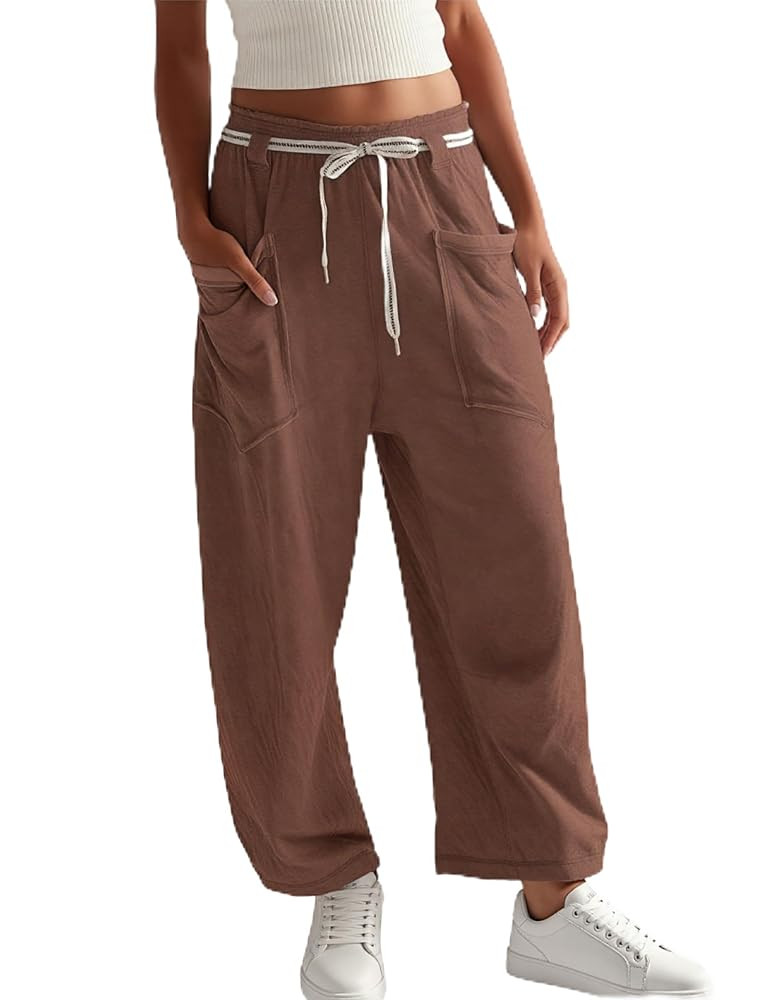 Womens Baggy Barrel Pants Wide Leg Elastic-Wasited Cotton Loose Palazzo Lounge Sweatpants with Po... | Amazon (US)