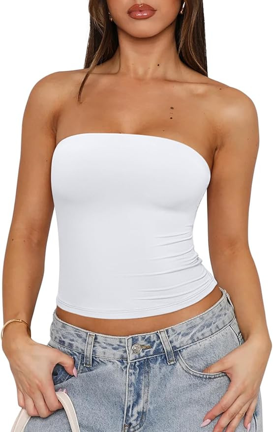 REORIA Women's Strapless Tube Top Double Lined & Non-Slip Y2K Backless Crop Tops for Summer Going... | Amazon (US)