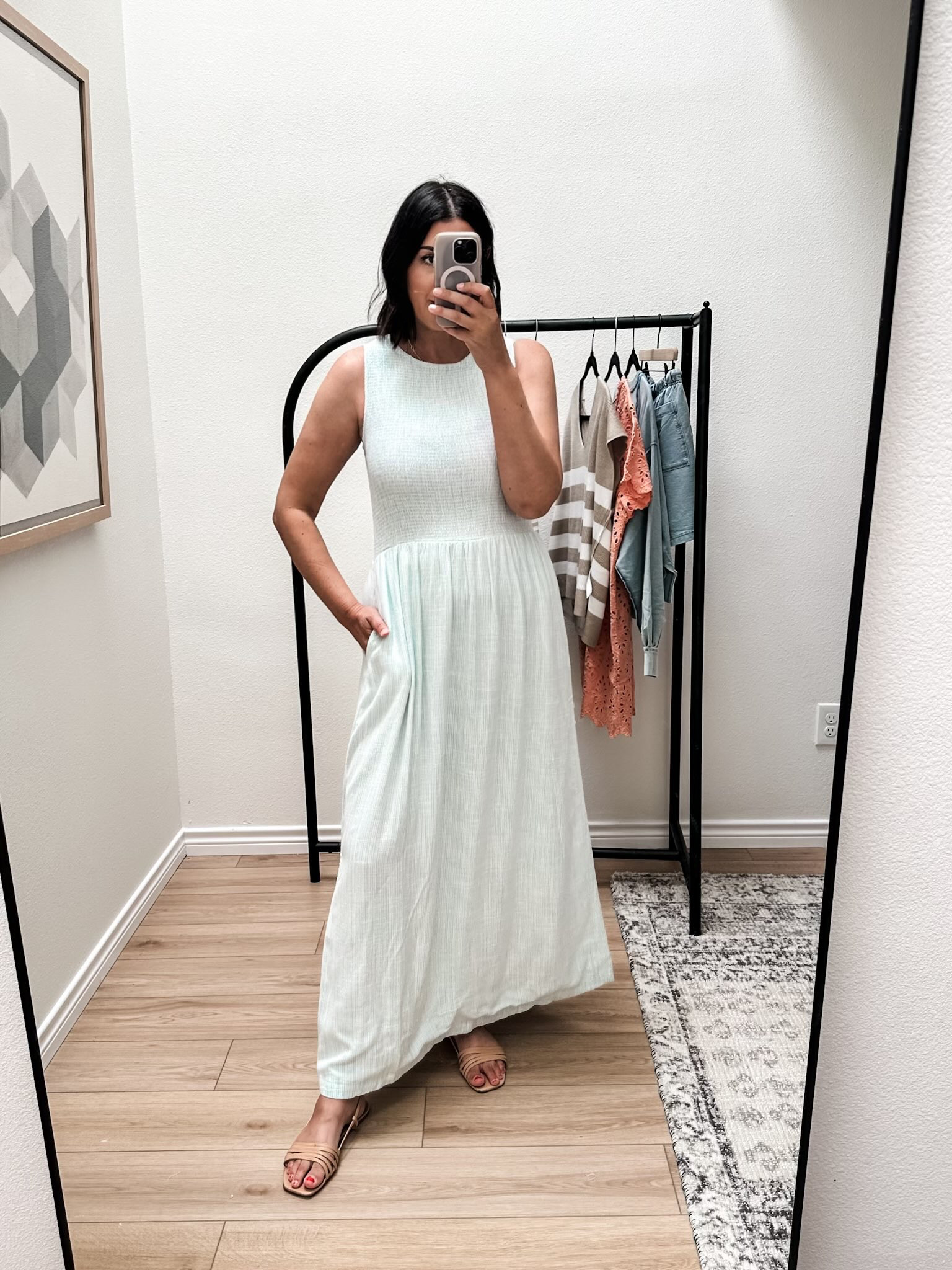 The most comfortable dress, I swear! It’s the softest fabric and the top is smocked so there is extra wiggle room. I’m in the medium, perfect fit. (The color is a light mint blue!) 

 