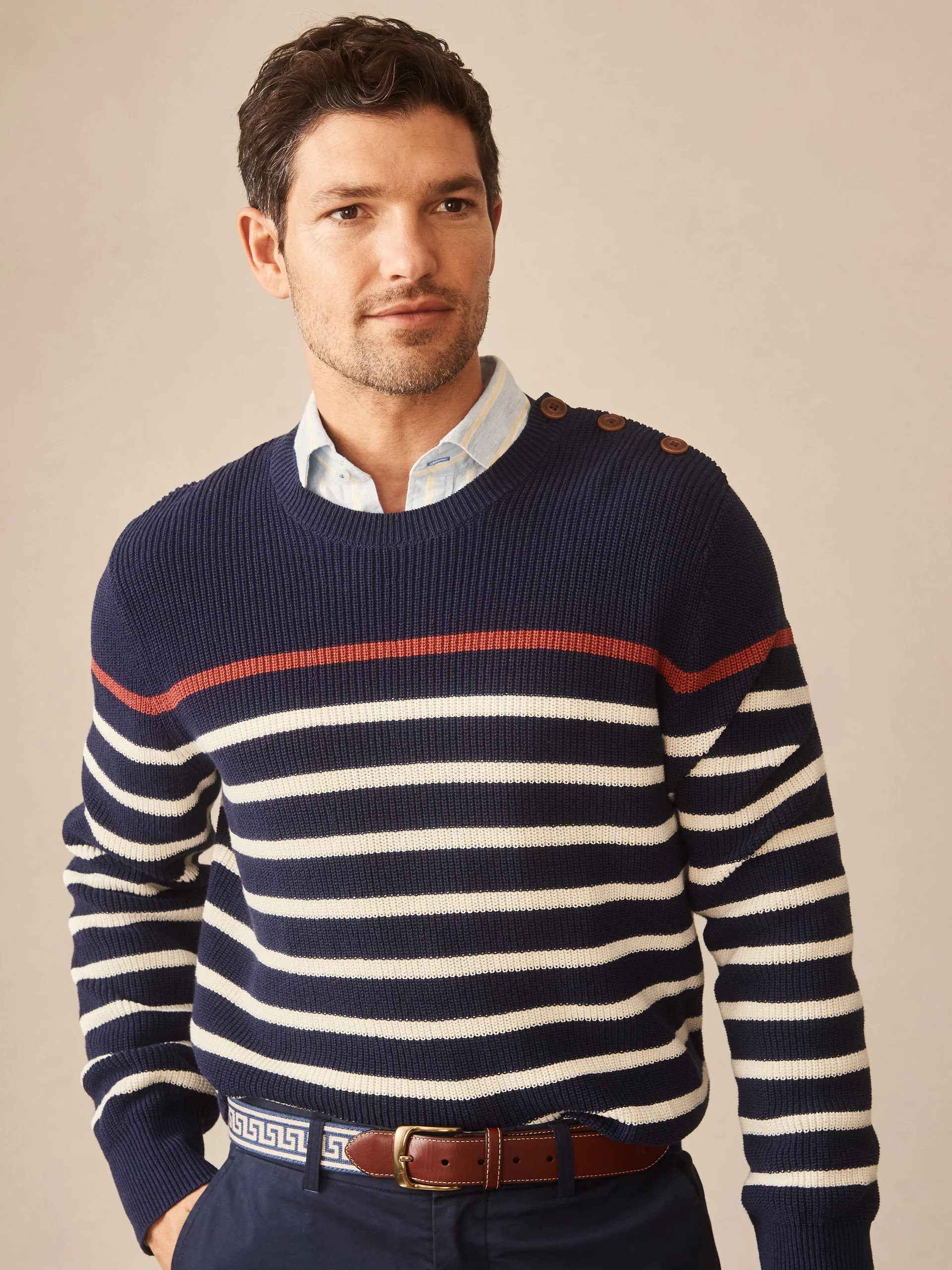 Navy/Off_White Stripe Bennett Sweater | Men's Sweaters | J.McLaughlin | J.McLaughlin