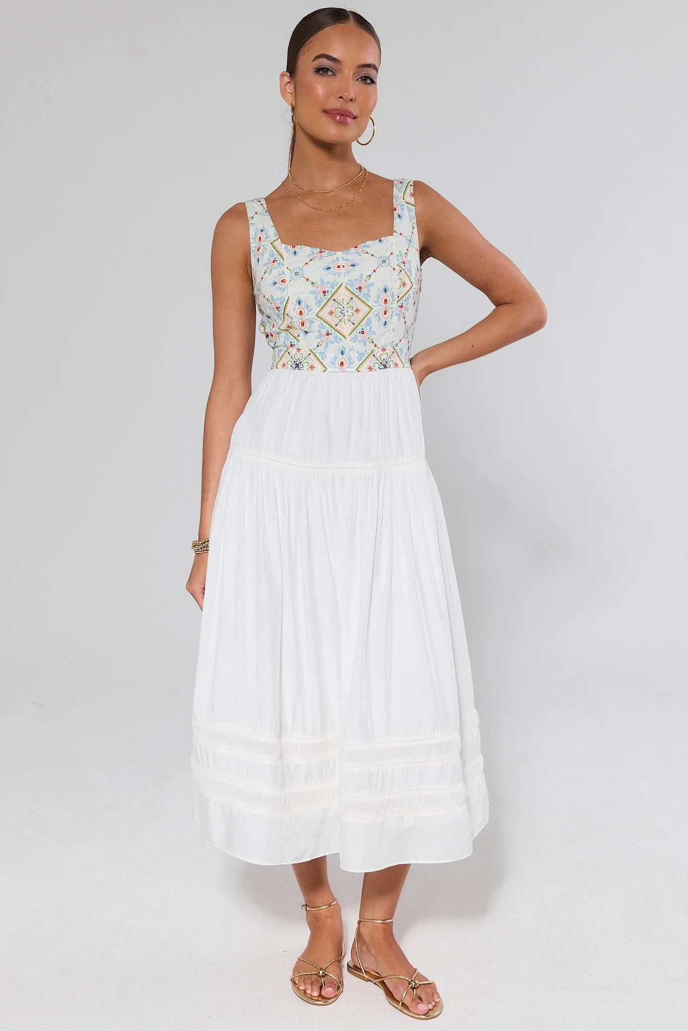 Zoe White Floral Embroidered Midi Dress | Avara
