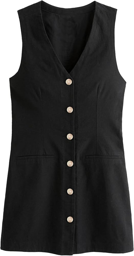 Womens Cotton Linen Vest Mini Dress Casual Button Down Sleeveless V Neck Short Tops with Pockets | Amazon (US)