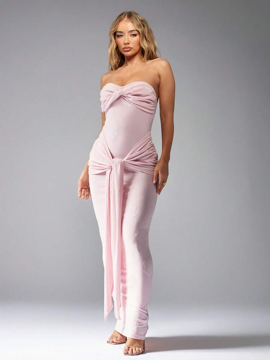 MISSGUIDED Jacquard Twisted Bust Tie Detail Waist Bandeau Maxi Dress | SHEIN