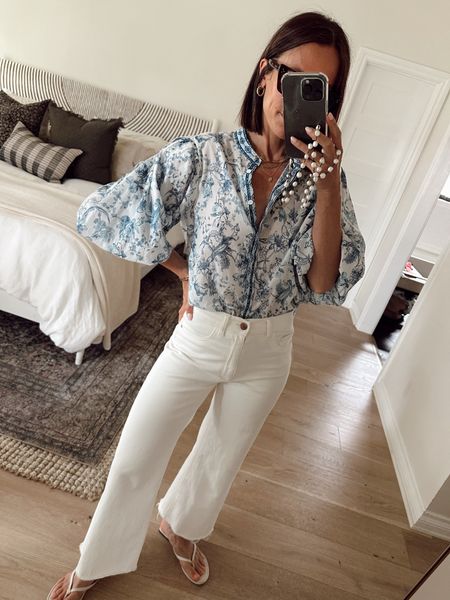 Love this blue and white top for spring and summer 
Ivory wide leg jeans are 20% off during BLOOMINGDALE’S sale (slight stretch, run tts, and I cut the hem) 

#LTKover40