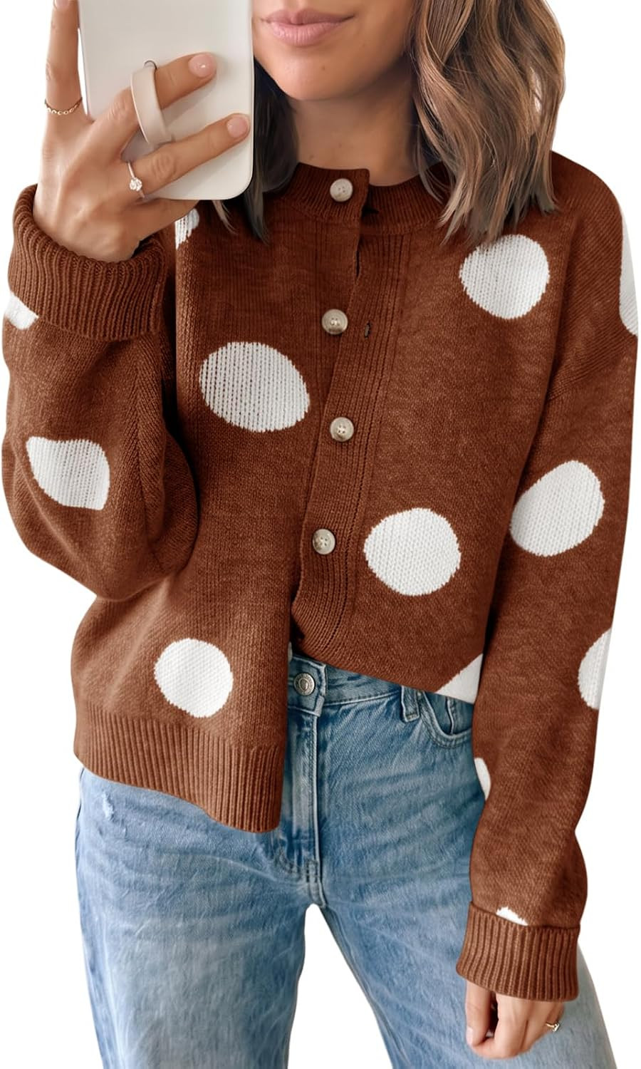 Saodimallsu Womens Polka Dot Button Down Cardigan Loose Knit Fall Sweaters | Amazon (US)