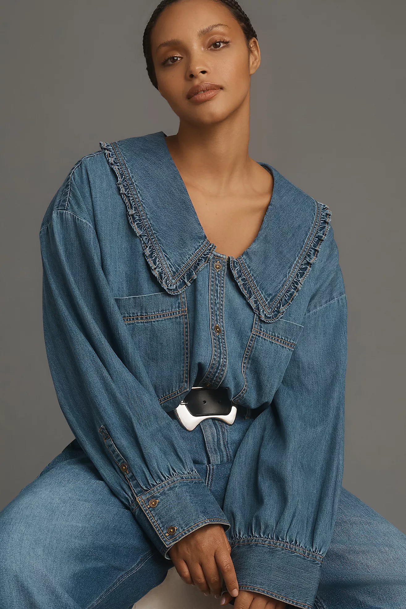 Pilcro Frill-Collar Denim Buttondown Shirt | Anthropologie (US)