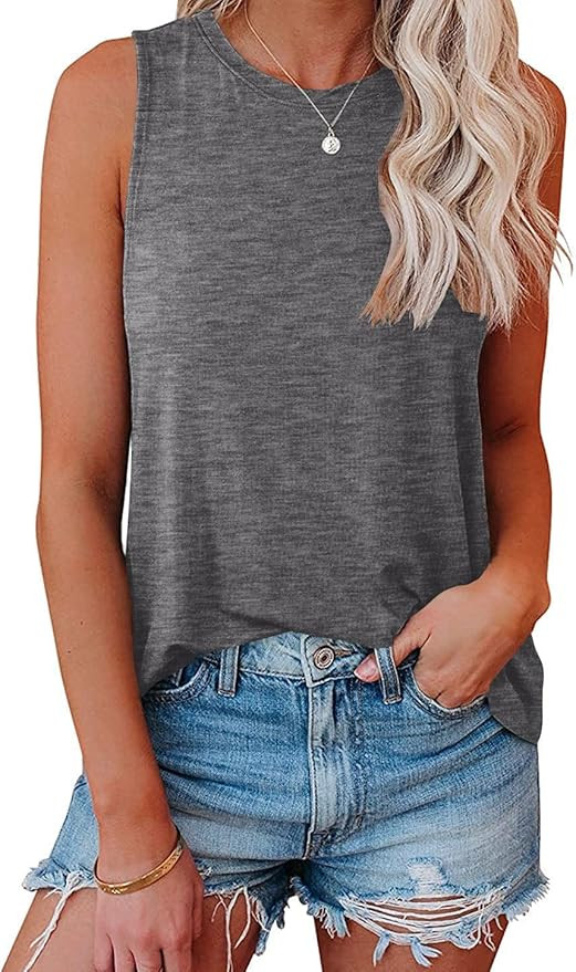 Bliwov Womens Tank Tops Crewneck Loose Fit Basic Solid Color Casual Summer Sleeveless Shirts | Amazon (US)