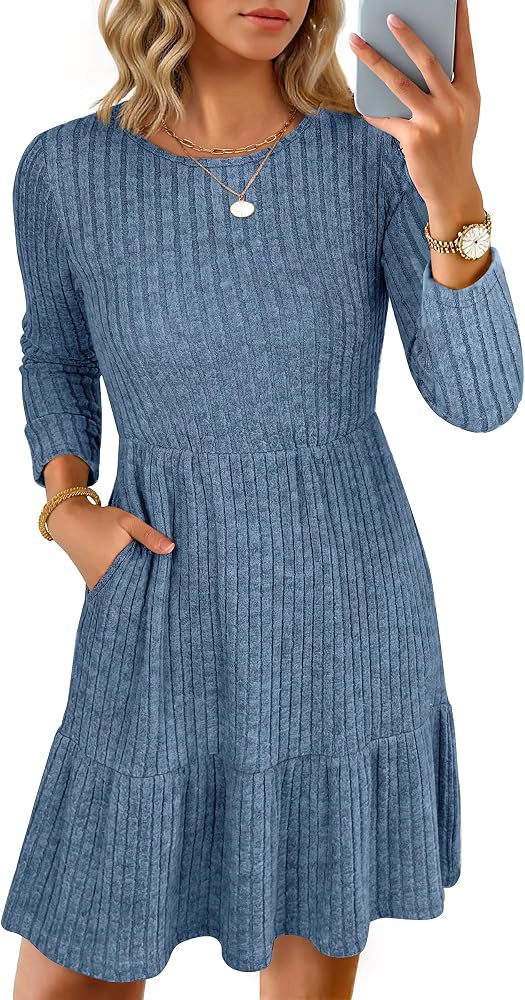 ANRABESS Womens Long Sleeve 2025 Fall Short Dress Casual Ribbed Knit Crewneck Flowy A Line Mini S... | Amazon (US)