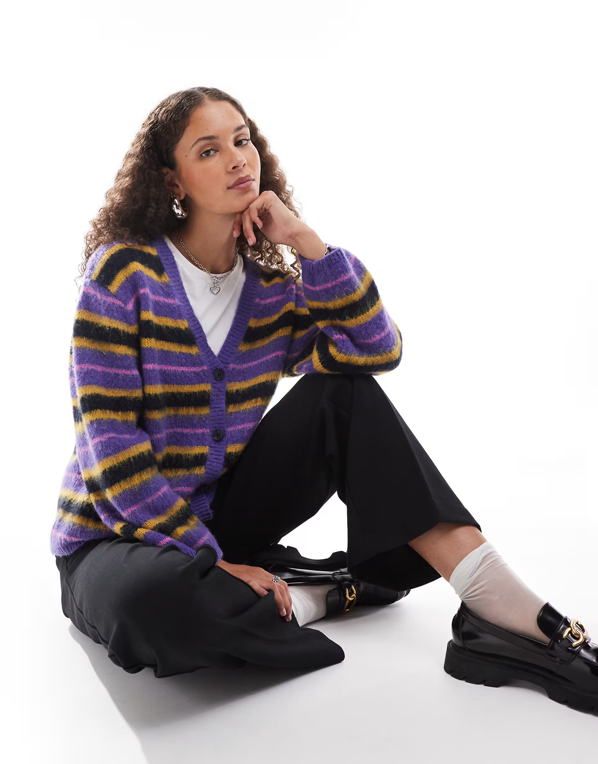 Monki fluffy yarn knitted cardigan with v neck in purple and black stripe | ASOS (Global)