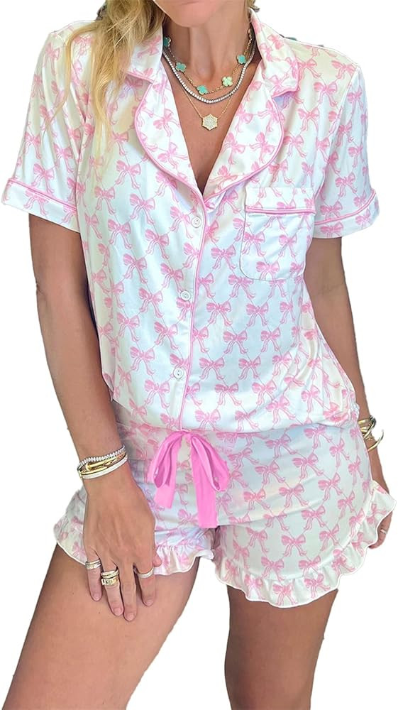 KevaMolly Womens Christmas Lounge Sets Candy Cane Print Pocketed Knotted PJ Set Short Sleeve Xmas... | Amazon (US)