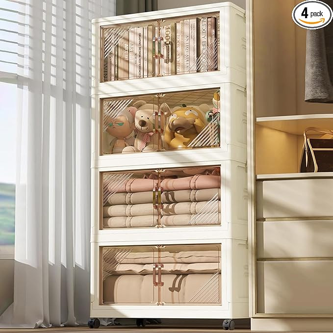 10.8 Gal Large Collapsible Storage Bins,4 Packs Stackable Storage Bins with Lids and Wheels,Stora... | Amazon (US)