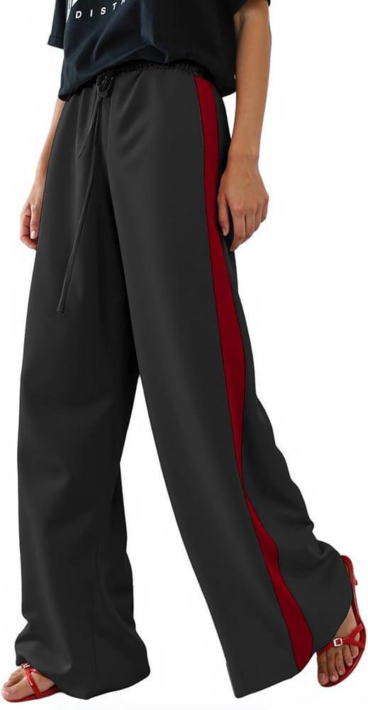 Women's Casual Pants Drawstring Leopard Print Color Block Side Striped Straight Leg Wide Leg Loos... | Amazon (US)