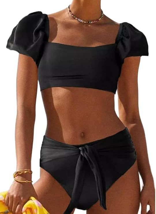 Dokotoo Womens 2024 Cute Solid Bubble Sleeves High Waisted Two Piece Bikini Swimsuit | Amazon (US)