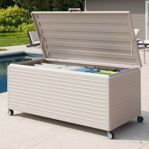 MIRADOR 281 Gallon Outdoor Storage Box Waterproof, Metal Deck Box with wheels for Patio Furniture, Garden Tools, Outdoor Cushion, Latte | Amazon (US)