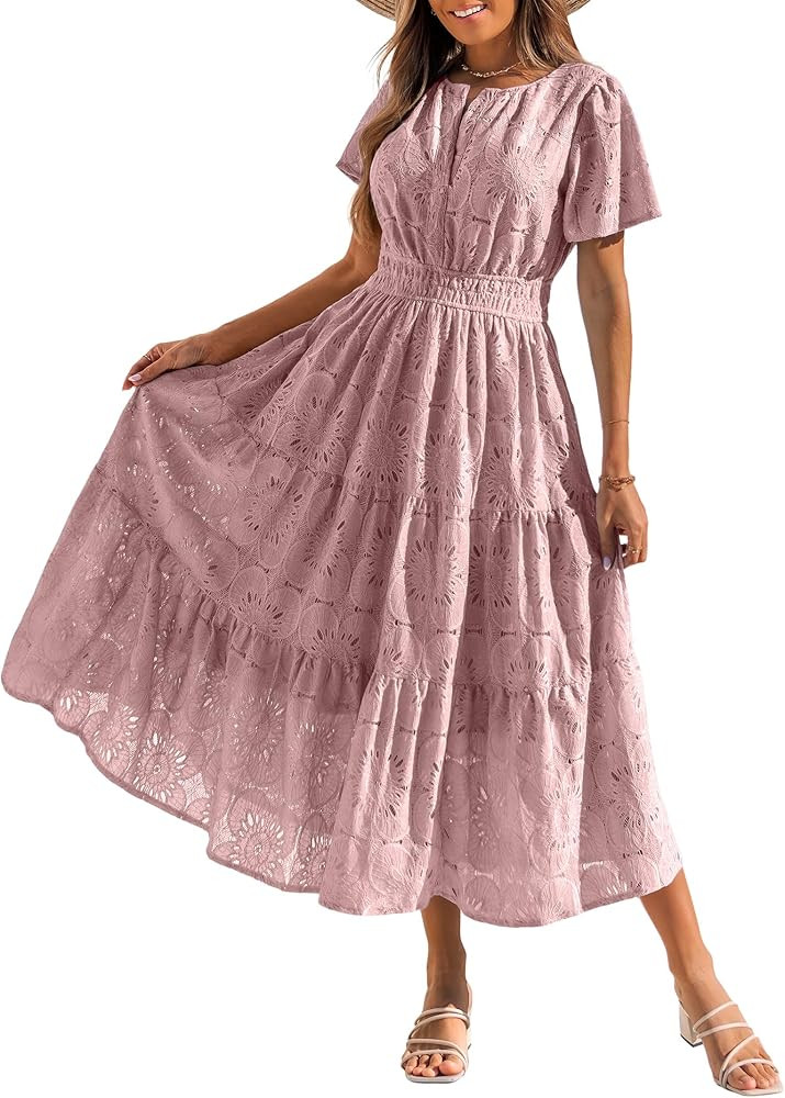 Summer Flowy Maxi Dresses for Women 2026 Spring Vacation Eyelet Lace Short Sleeve Wedding Guest C... | Amazon (US)