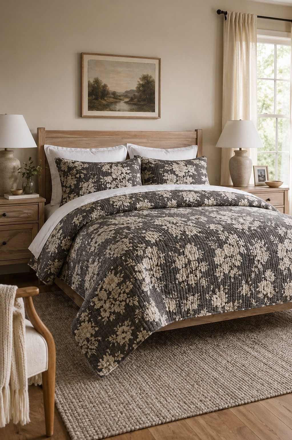 Neutral floral bedding that instantly warms up your bedroom 🤎 This quilt set has that cozy, layered look without feeling heavy—perfect for year-round styling. The muted tones make it so easy to mix with wood furniture, cream accents, or even lighter pillows for a softer look. I love how it adds texture. 

#LTKFinds #LTKHome #LTKStyle #BedroomDecor #FloralBedding #NeutralBedroom #CozyBedroom #BedroomInspo #HomeDecorFinds 