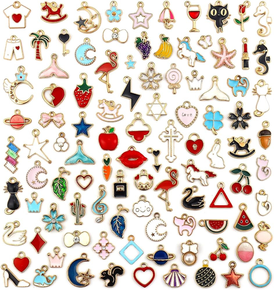 JIALEEY 100PCS Gold Plated Enamel Charms Mixed Moon Star Fruit Animal Charm Colorful Pendant DIY ... | Amazon (US)