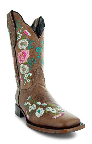 Soto Boots Women's Jasmine Tan Square Toe Boot, Handcrafted Genuine Leather, Embroidered Floral Design, Mid-Calf Bootie M50043 (6) | Amazon (US)