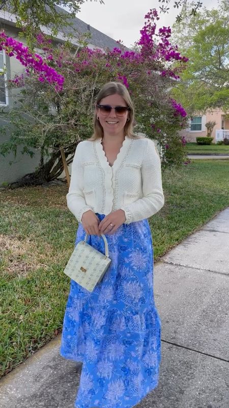 Spring outfit inspo. Blue floral maxi dress, Pearl cardigan, classic top handle purse, and Jack Rogers  