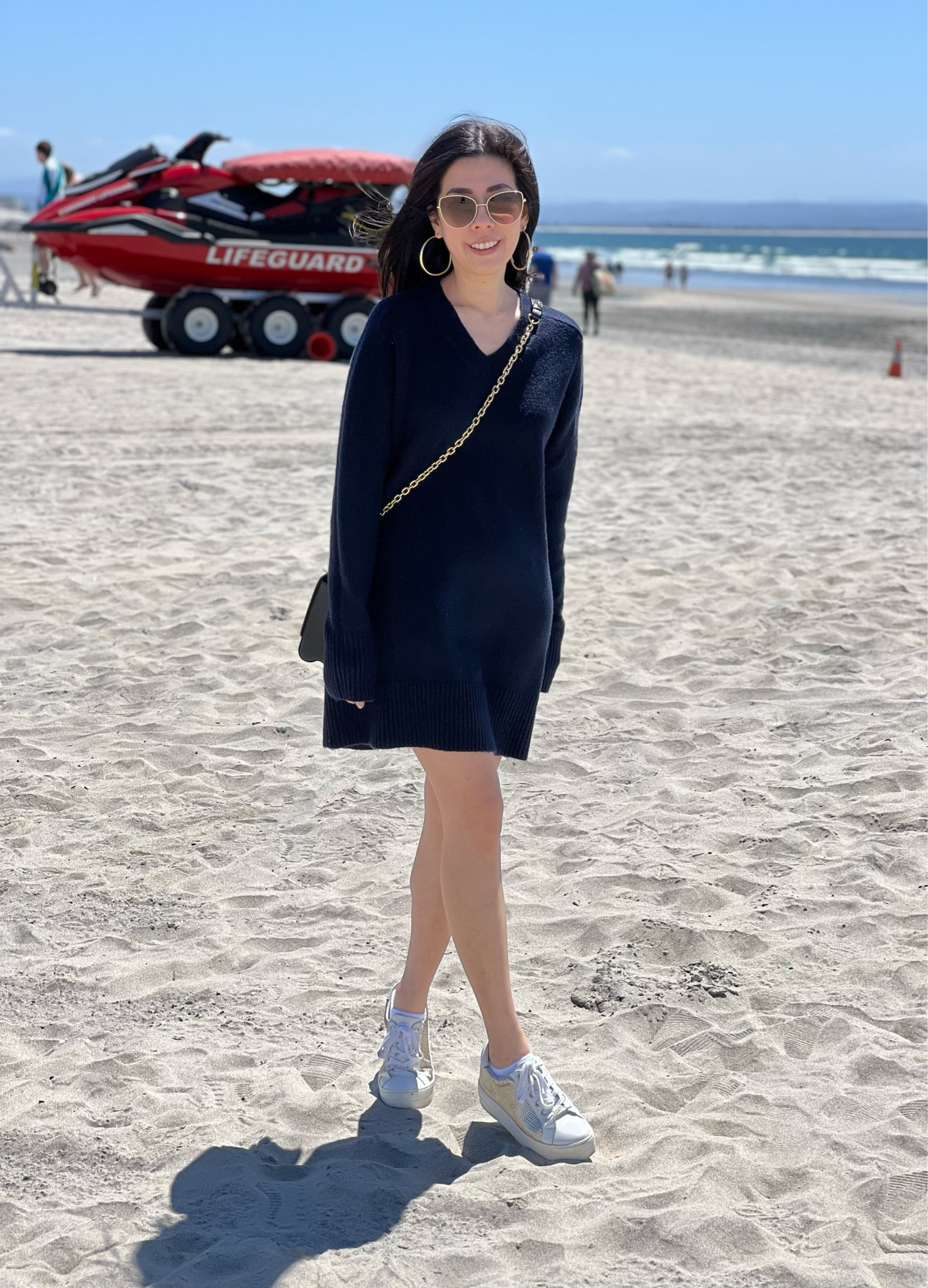 Wore my v-neck sweater mini dress for a rather chilly day on the beach. My intention for the day was to grab some goodies at the farmers market downtown but I wound up at Coronado! I paired this dress with my favorite perforated platform sneakers, gold hoop earrings and my cat eye sunnies!

#beachliving #sweaterdress #sneakerstyle 

#LTKstyletip #LTKtravel #LTKfindsunder50
