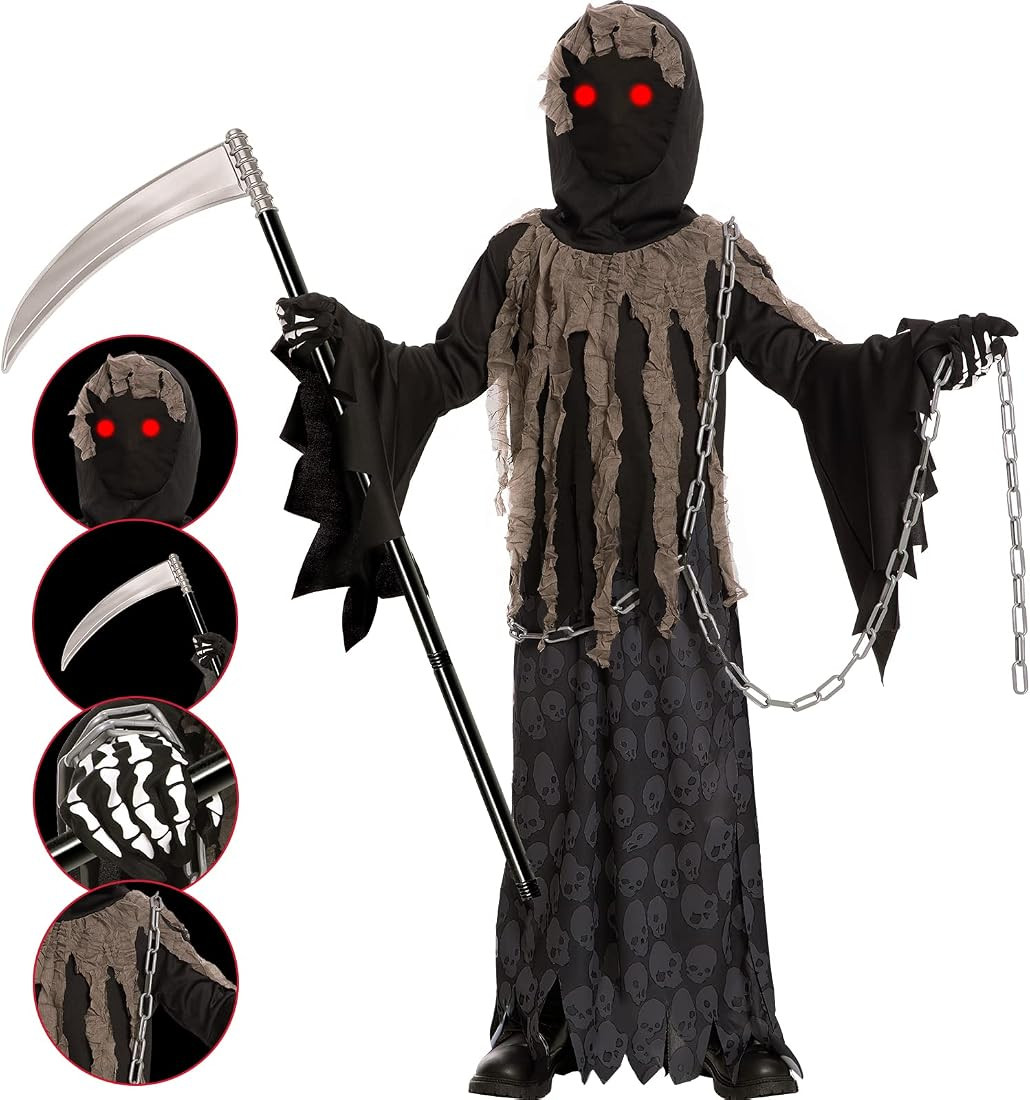 Grim Reaper Costume for Kids,Phantom Halloween Costume with Red Glowing Eyes,Skull Gloves Scythe ... | Amazon (US)