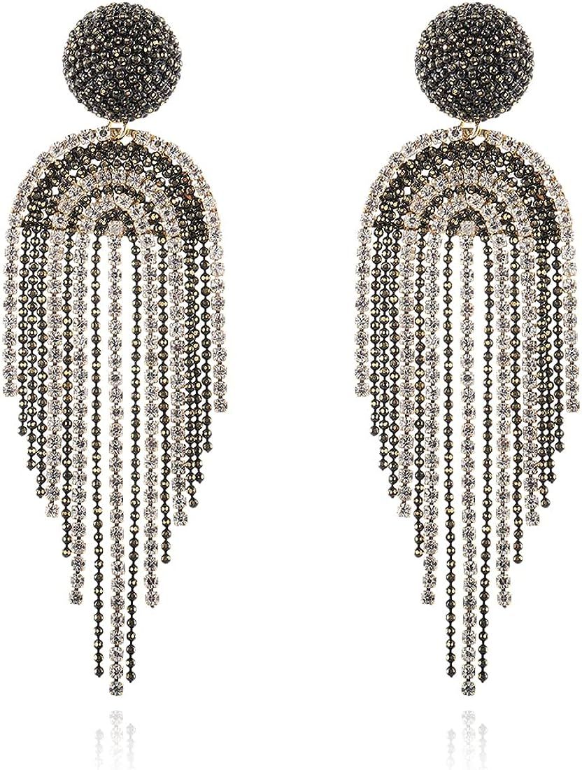 SLODEN Basic Fringe Linear Drop Earrings Rhinestones Tassel Chandelier Earrings for Women and Gir... | Amazon (US)