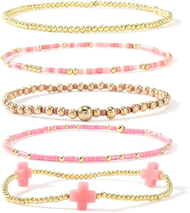 Gold Beaded Bracelets Stack for Women Valentines Day Gifts for Her Stackable 14K Gold Plated Bead... | Amazon (US)