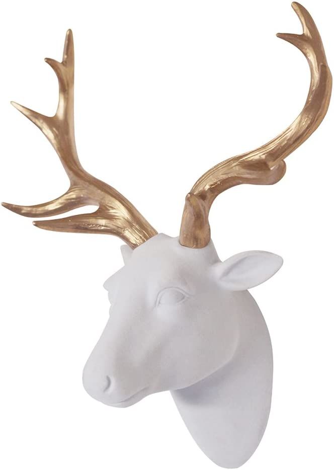 Animal Head Wall Decor, White Faux Furry/Felt/Velvety Resin Deer Head with Gold Antlers For Wall ... | Amazon (US)