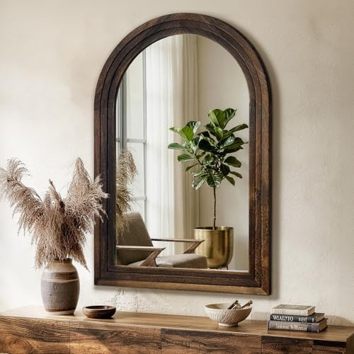 TRAHOME Arched Bathroom Mirror, 36"x24" Brown Wood Frame Wall Mirror, Farmhouse Vintage Vanity Mirror with Layered Frame for Entryway, Living Room, Bedroom | Amazon (US)