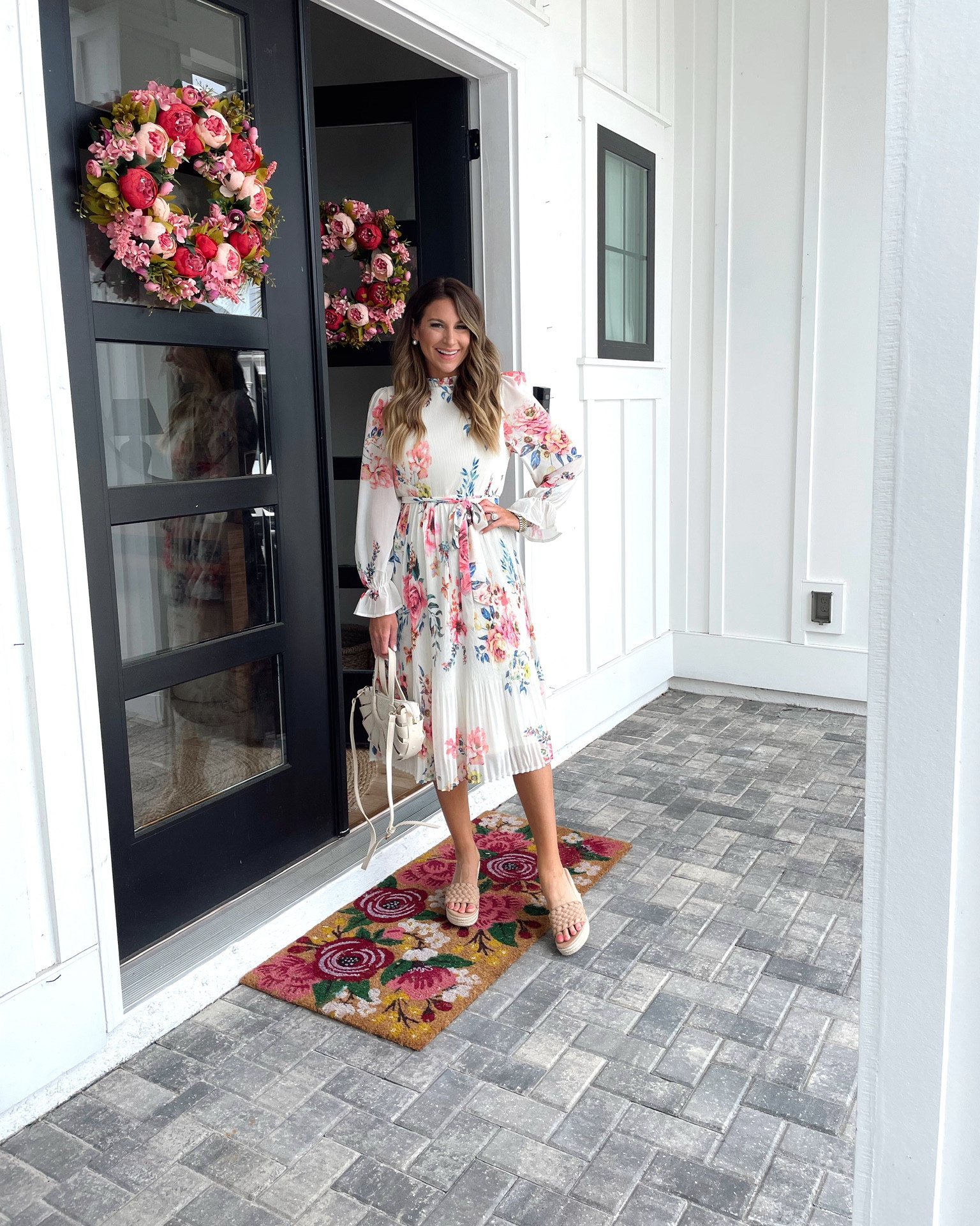 In a small floral long sleeve pleated midi dress and wedges for spring from Amazon- fits TTS.

#LTKSeasonal #LTKstyletip #LTKunder50