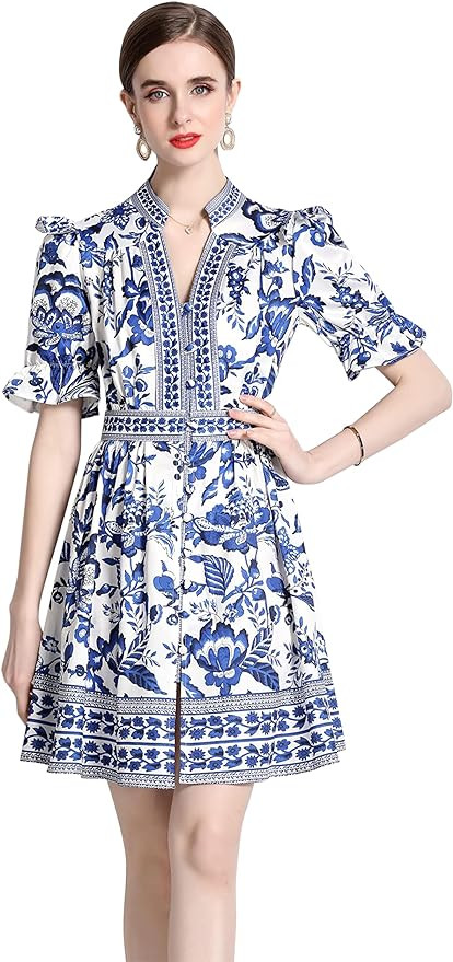 LAI MENG FIVE CATS Women's Button Up Short Puff Sleeve V-Neck Floral Print Split Casual Mini Dres... | Amazon (US)