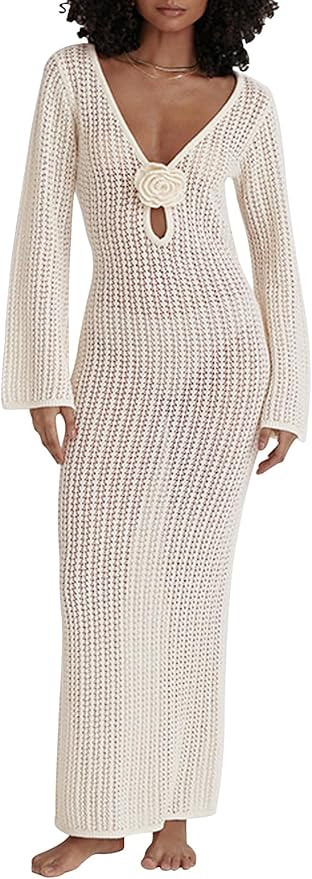 Leoparts Women's Knitted Swimsuit Cover Up 3D Floral Hollow Out Open Back Tie-Up Maxi Dress Beach... | Amazon (US)