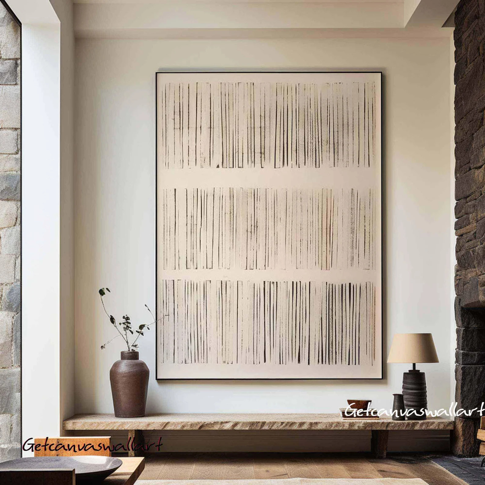 Beige Abstract Minimalist Painting Wabi Sabi Wall Art Beige & Black Texture Canvas Art Large Wall... | Etsy (US)