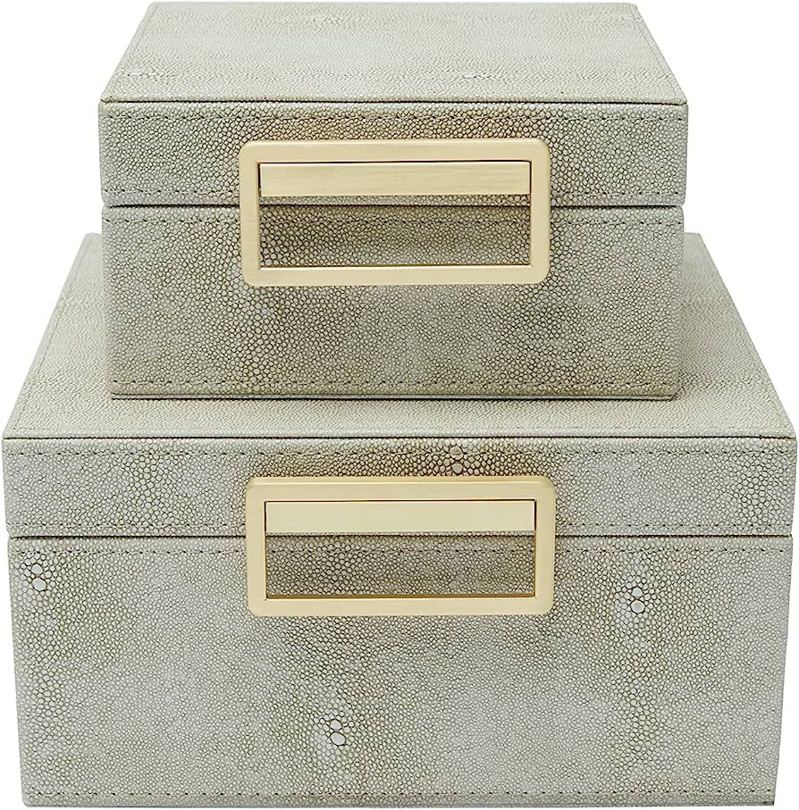 Faux Ivory Shagreen Leather Set of 2 Square Keepsake Boxes, Decorative Storage boxes, Dresser Org... | Amazon (US)