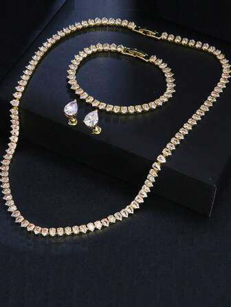 4pcs/Set Luxury Cubic Zirconia Water-Drop Decor Jewelry Set For Women For Party | SHEIN