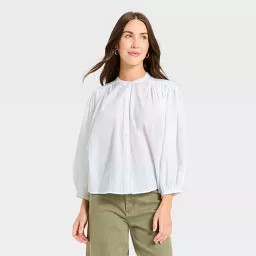 Women's Puff Long Sleeve Banded Collar Neck Blouse - Universal Thread™ | Target