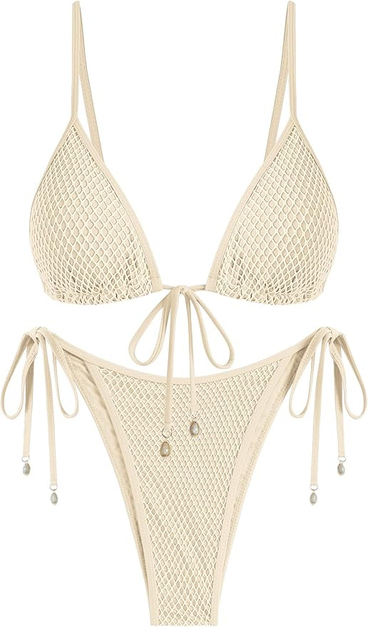 ZAFUL Women Triangle String Two Piece Bikini Fishnet Mesh Tie Shell Decor Tanga 2 Piece Swimsuit | Amazon (US)