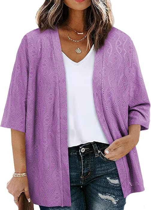 Eytino Plus Size Cardigan for Women Half Sleeve Knitted Jacquard Summer Kimono Cover up Tops(1X-5... | Amazon (US)