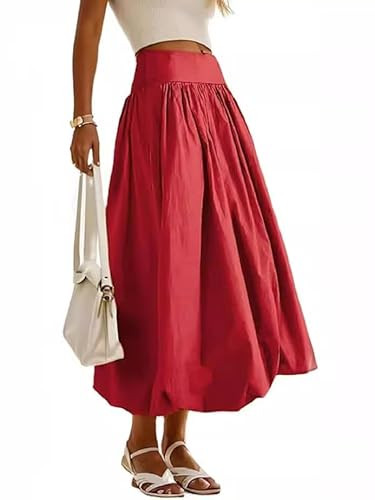 AYUQINHE Women Y2k Bubble Maxi Skirt A-Line High Waist Long Skirt Summer Casual Ruffle Pleated Midi Dress (red,M) | Amazon (US)