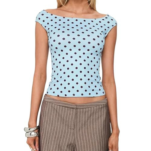 Women's Polka Dot Crop Tank Tops Short Sleeve Boat Neck Slim Fit Blouses Summer Dot Print Shirts for Daily Dating (Sky Blue, M) | Amazon (US)