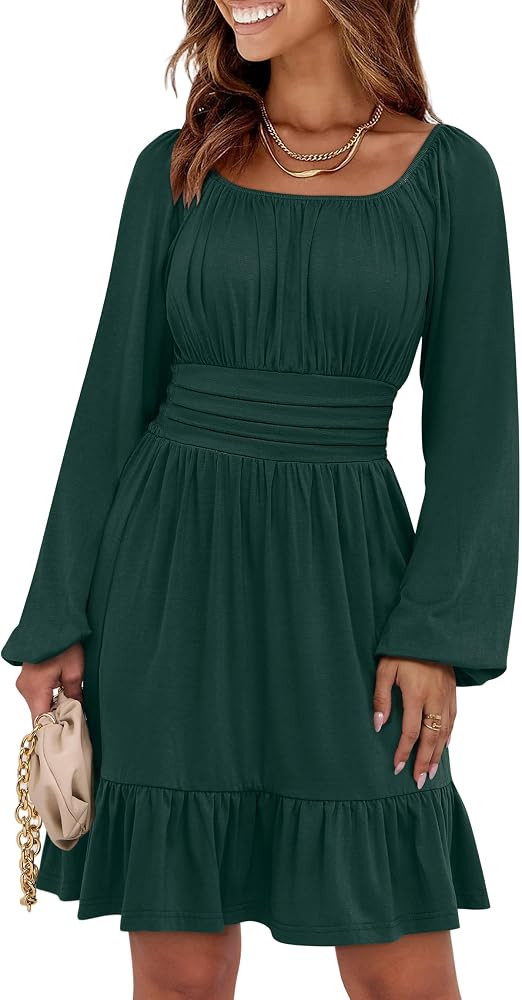 ANRABESS Womens Dress Long Lantern Sleeve Square Neck Elastic Waist Ruffle Flowy Swing A-Line Sho... | Amazon (US)