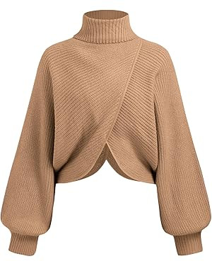 CIDER Cropped Sweaters for Women Turtleneck Sweater Long Sleeve Ribbed Knit Lantern Sleeve Pullov... | Amazon (US)